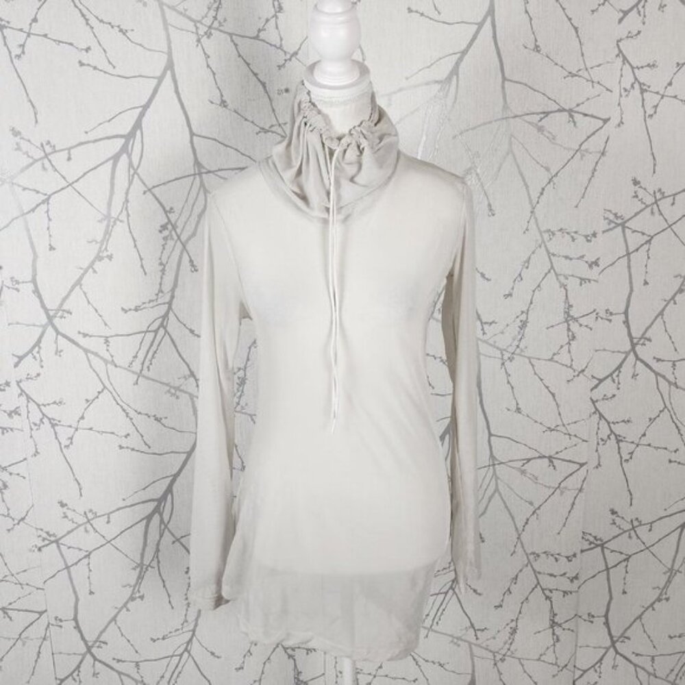 The Open Product White Ivory Mesh Sheer Cowl Neck Long Sleeve